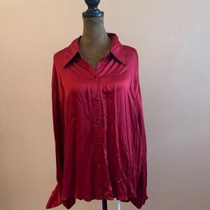 Zara Crimson Satin Button-Up Blouse